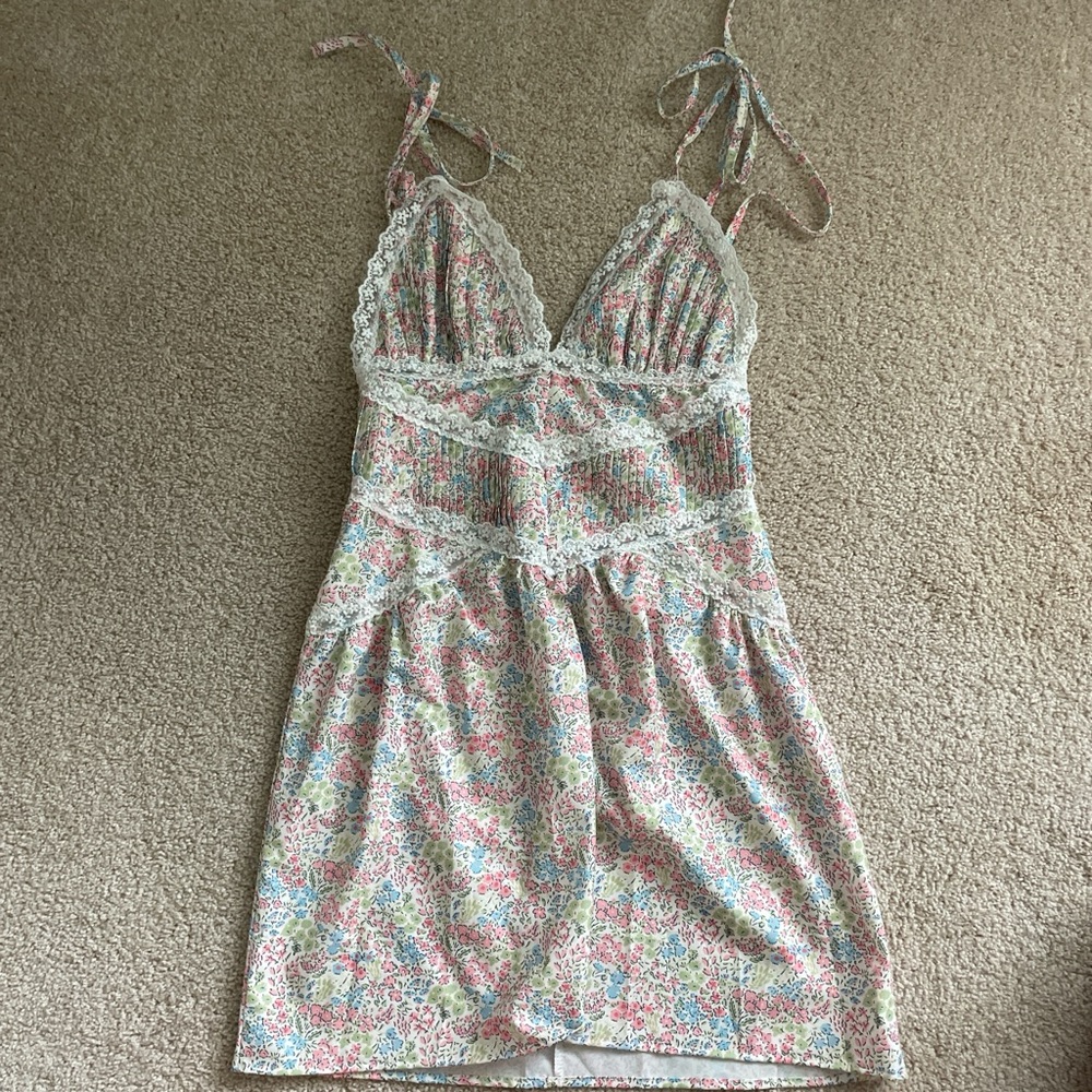 Cream Mini Dress with Spaghetti Straps and Lace Detail